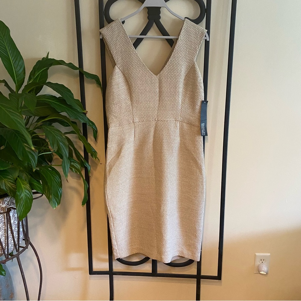 Badgley Mischka Cream Midi Sheath Dress with V-Neck for Cocktail
